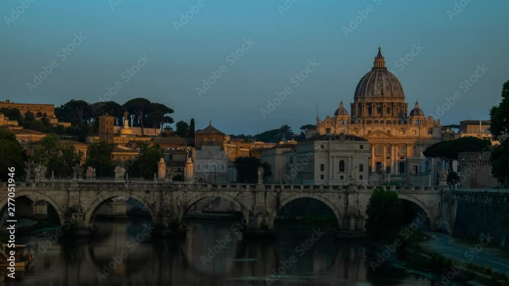 Sunrise Time lapse at Vatican City Saint Peter Cathedral over the Tiber river in Rome Italy Sunrise Time lapse at Vatican City Saint Peter Cathedral over the Tiber river in Rome Italy