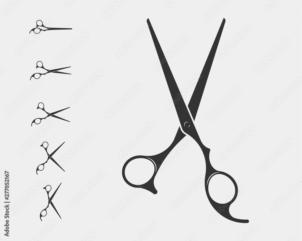 Set hair cut scissor icon. Scissors vector design element or logo template. Black and white silhouette isolated. - obrazy, fototapety, plakaty 
