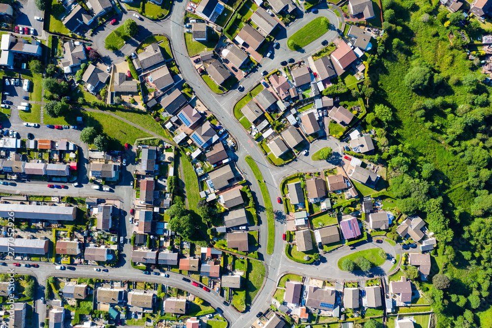 Aerial view of streets and houses in the Welsh town of Ebbw Vale (UK)