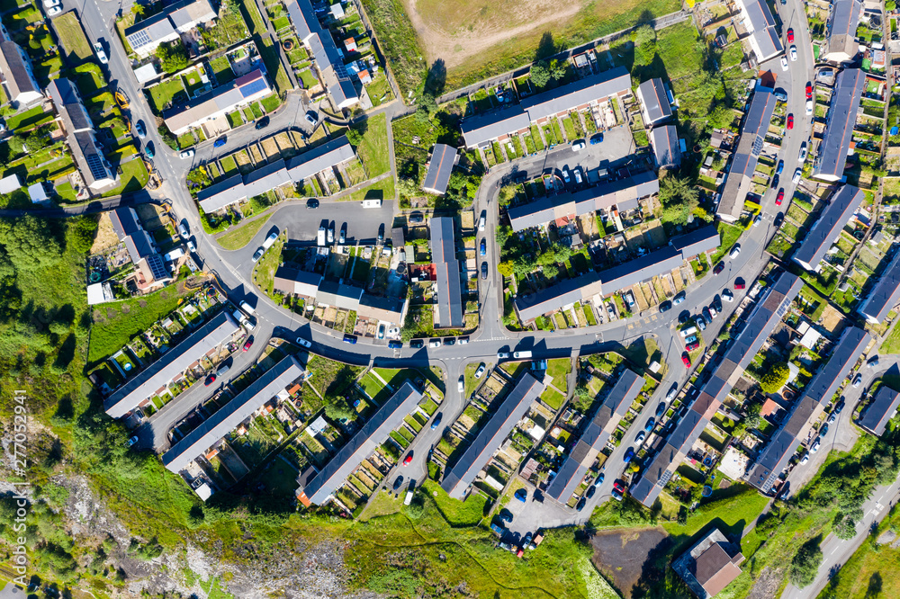 Aerial view of streets and houses in the Welsh town of Ebbw Vale (UK)