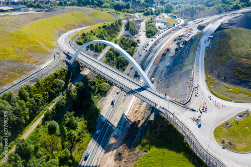 Photo Aerial view of a new suspension bridge above roadworks (A465, Wales)