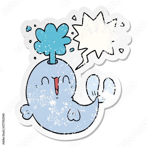 cartoon whale spouting water and speech bubble distressed sticker
