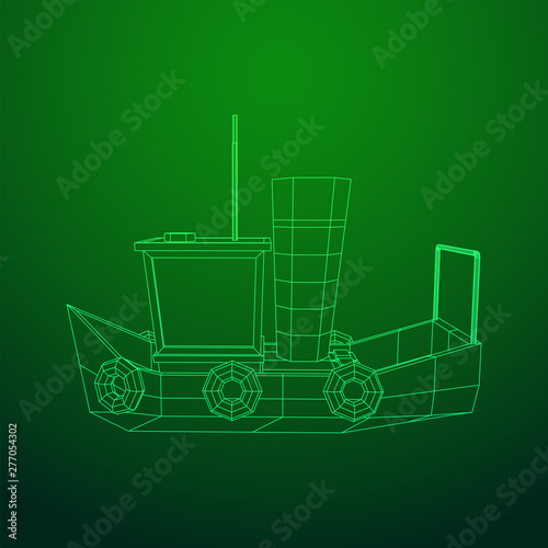 Fishing boat. Commercial fishing trawler for industrial seafood production. Vintage marine ship, sea or ocean transportation concept. Wireframe low poly mesh vector illustration