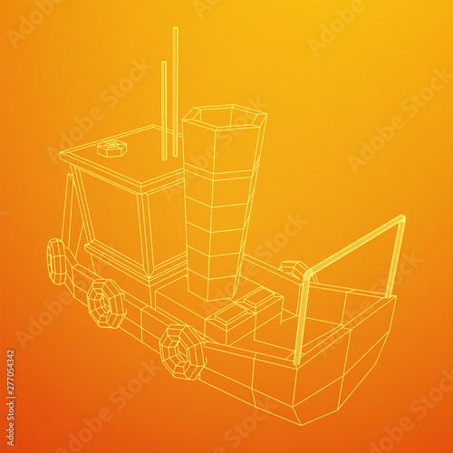 Fishing boat. Commercial fishing trawler for industrial seafood production. Vintage marine ship, sea or ocean transportation concept. Wireframe low poly mesh vector illustration