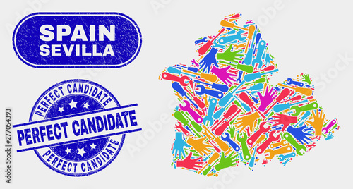 Industrial Sevilla Province map and blue Perfect Candidate grunge seal stamp. Colored vector Sevilla Province map mosaic of production elements. Blue rounded Perfect Candidate seal.