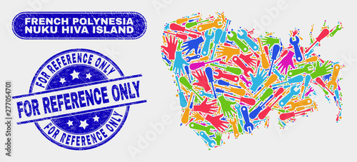 Factory Nuku Hiva Island map and blue For Reference Only scratched watermark. Bright vector Nuku Hiva Island map mosaic of workshop. Blue round For Reference Only rubber.