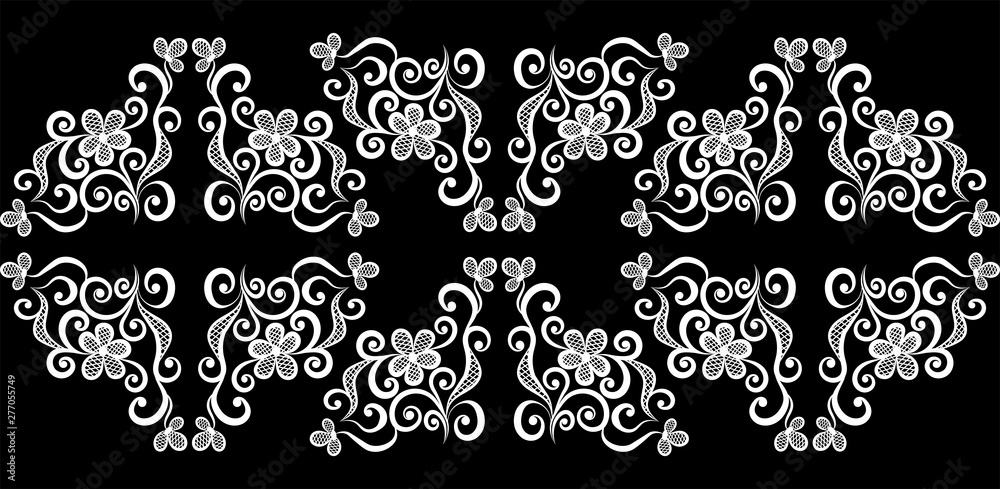  White openwork pattern for the edges of the fabric, tektsury paper. Black background. Vector.