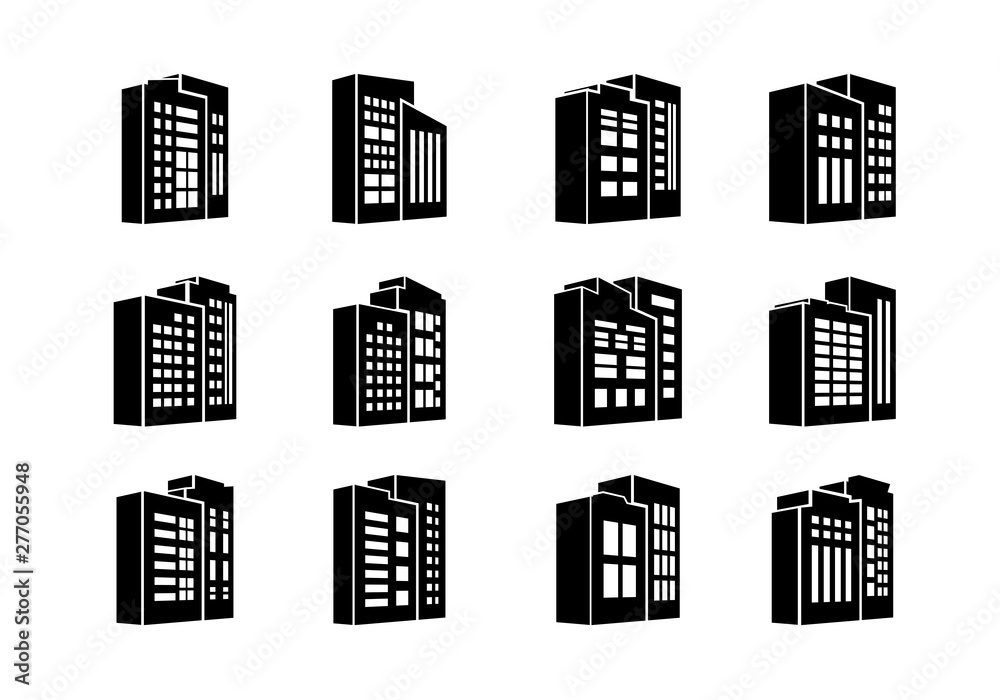 Perspective black company icons and vector buildings set,  Isolated office collection on white background