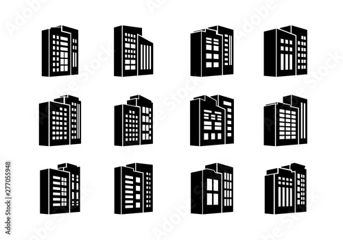 Perspective black company icons and vector buildings set   Isolated office collection on white background