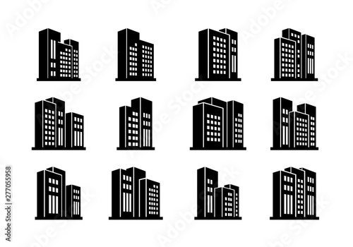 Perspective Black icons buildings and vector company set, Isolated office collection on white background