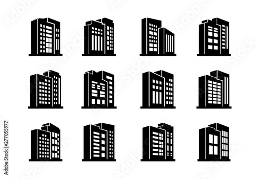 Perspective company icons and black vector buildings set, Isolated office collection on white background