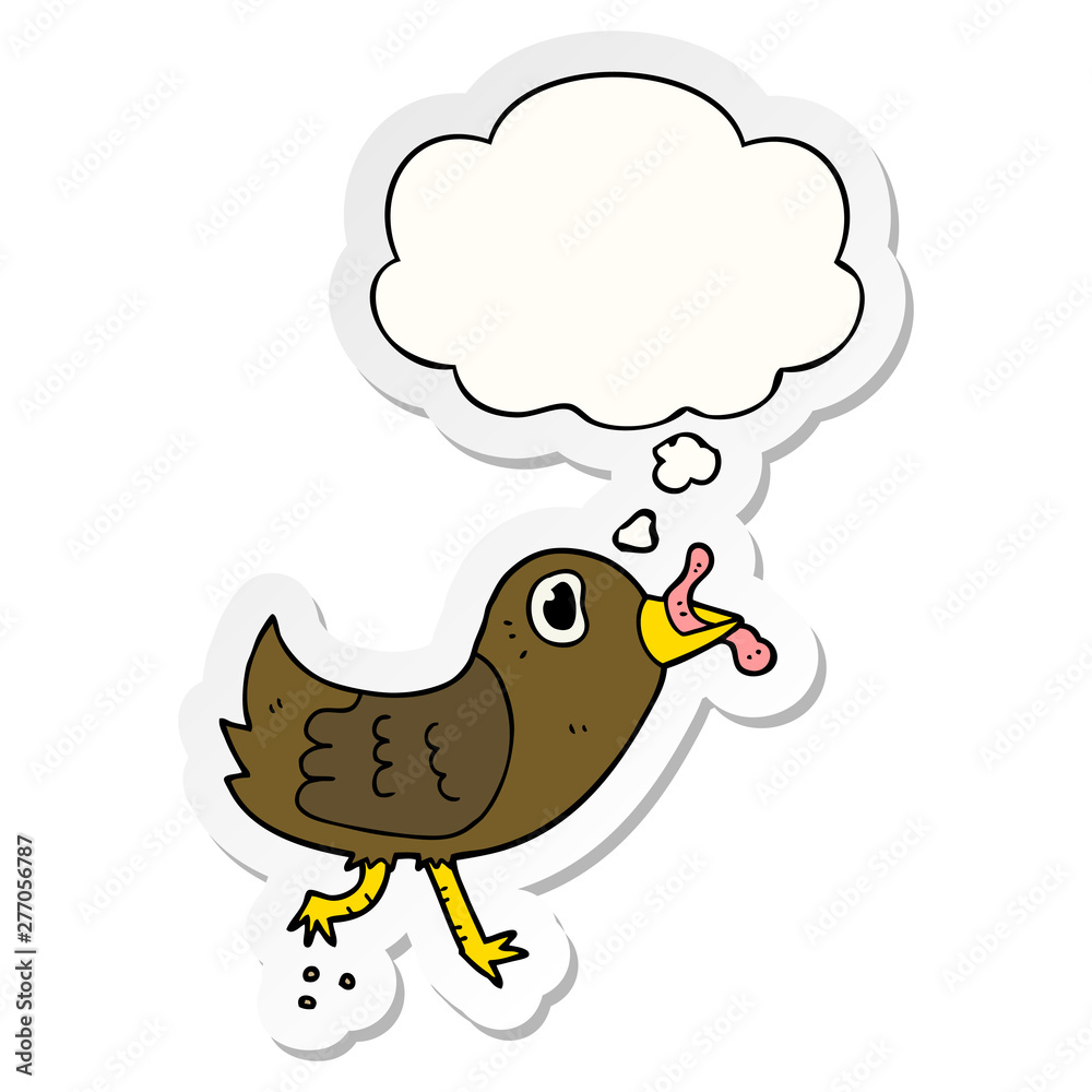 cartoon bird with worm and thought bubble as a printed sticker cartoon bird with worm and thought bubble as a printed sticker