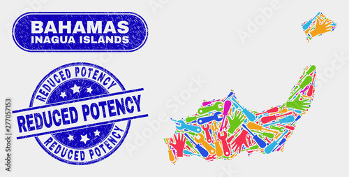 Productivity Inagua Islands map and blue Reduced Potency textured stamp. Colorful vector Inagua Islands map mosaic of mechanic components. Blue rounded Reduced Potency stamp.