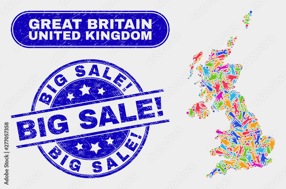 Factory United Kingdom map and blue Big Sale! textured stamp. Colored vector United Kingdom map mosaic of service. Blue round Big Sale! stamp. Factory United Kingdom map and blue Big Sale! textured stamp. Colored vector United Kingdom map mosaic of service. Blue round Big Sale! stamp.