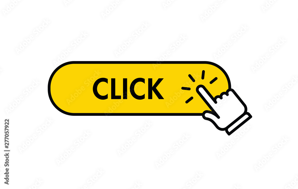 Click here button with hand clicking icon Click here button with hand clicking icon