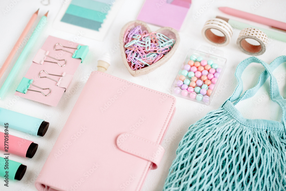 School supplies. Stylish stationery in pink and blue pastel color. Flat  lay, top view. Stock Photo