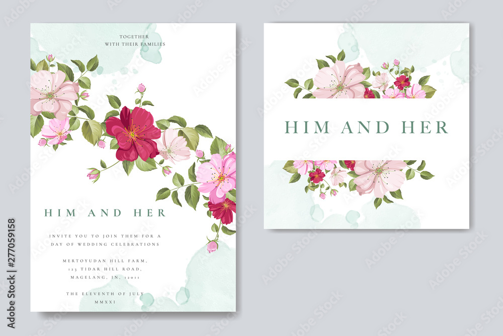 beautiful wedding invitation card with elegant floral and leaves template