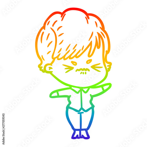 rainbow gradient line drawing cartoon frustrated woman