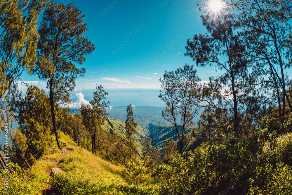 View of Abang mountain with trees and forest in Bali View of Abang mountain with trees and forest in Bali