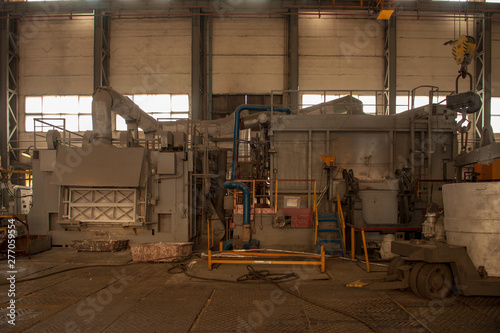 Aluminum plant. aluminum smelting bucket. Safe environmental high-tech processes. Modern smelter. Melting furnace