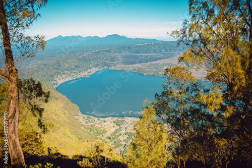 Aerial view of Batur volcano with lake in Bali