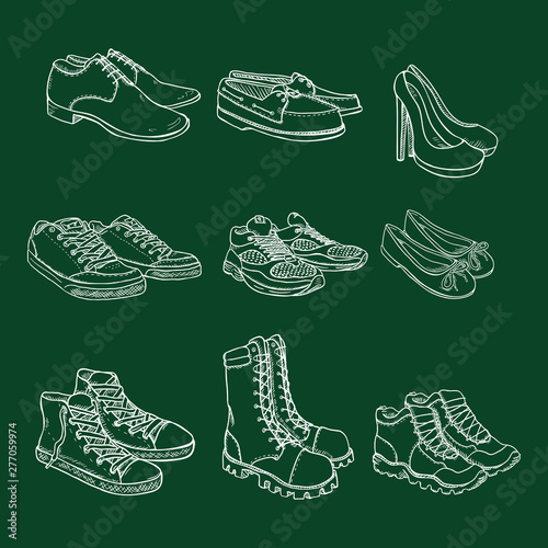 Vector Set of Chalk Sketch Shoes Items. Side View.