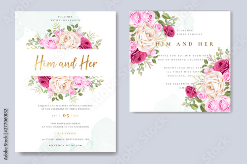 beautiful wedding invitation card with elegant floral and leaves template