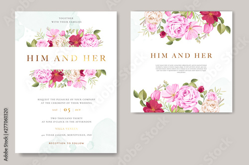 Fototapeta Naklejka Na Ścianę i Meble -  beautiful wedding invitation card with elegant floral and leaves template