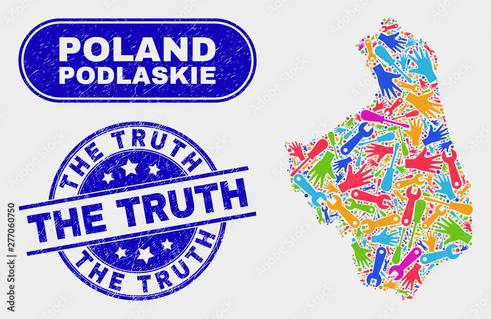 Production Podlaskie Voivodeship map and blue The Truth textured watermark. Colorful vector Podlaskie Voivodeship map mosaic of production. Blue round The Truth stamp. Production Podlaskie Voivodeship map and blue The Truth textured watermark. Colorful vector Podlaskie Voivodeship map mosaic of production. Blue round The Truth stamp.