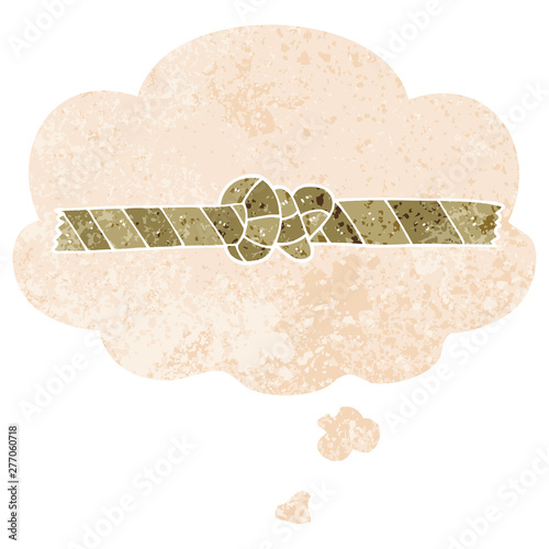 cartoon knotted rope and thought bubble in retro textured style