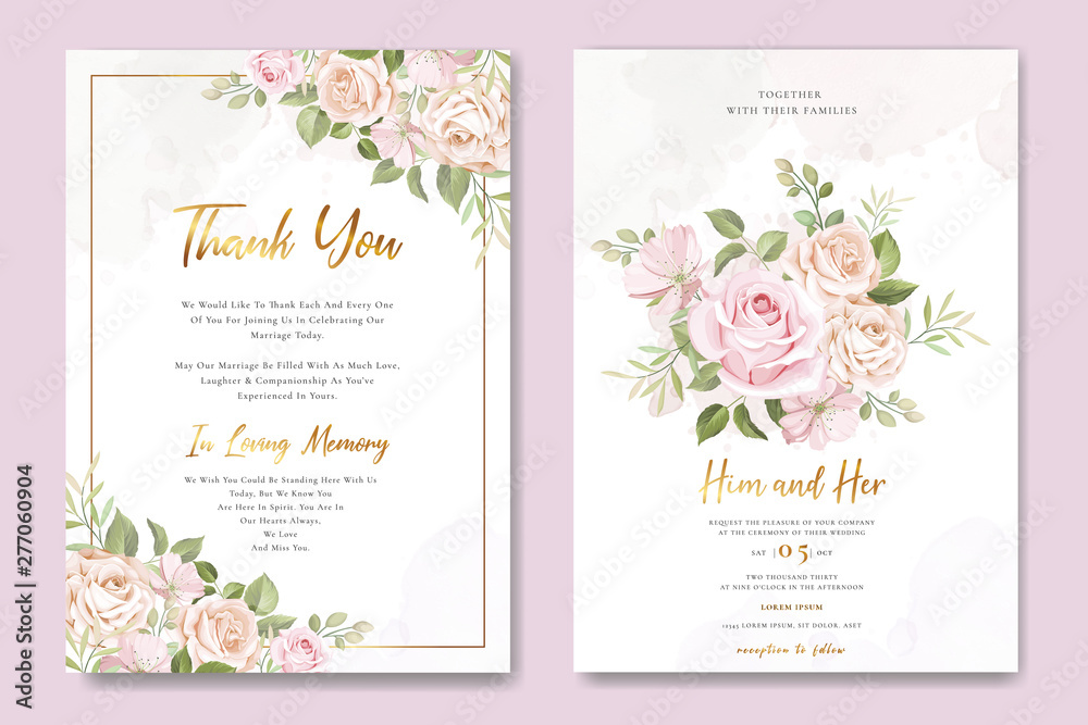 beautiful wedding invitation card with elegant floral and leaves template