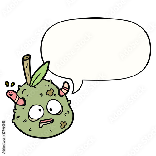 cartoon rotting old pear and worm and speech bubble