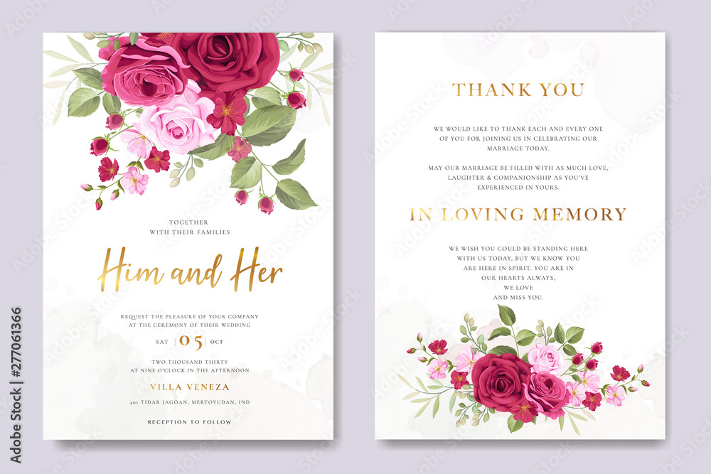 beautiful wedding invitation card with elegant floral and leaves template