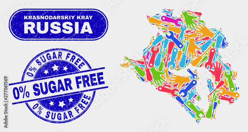 Construction Krasnodarskiy Kray map and blue 0% Sugar Free grunge seal. Colored vector Krasnodarskiy Kray map mosaic of industrial. Blue round 0% Sugar Free seal.