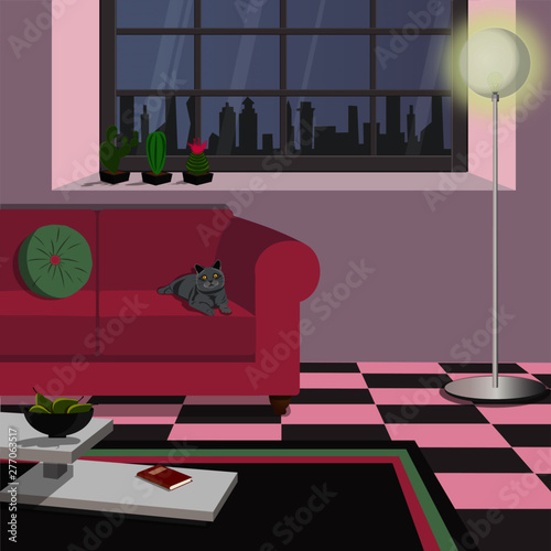Salotto arredato con divano, gatto, tavolino, tappeto. Pavimento a quadri. Lampada luminosa  da terra con boccia in vetro tondo. Finestra con panorama notturno sulla città e piante sul davanzale.