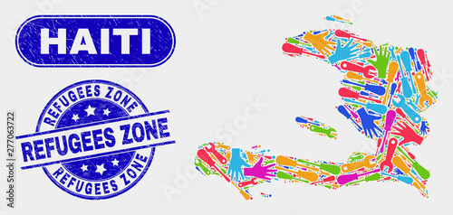 Tools Haiti map and blue Refugees Zone grunge watermark. Colorful vector Haiti map mosaic of tools. Blue round Refugees Zone seal.