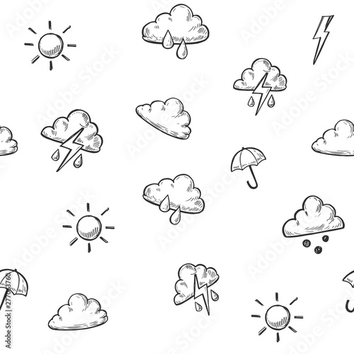 Seamless pattern with weather icons. Hand drawn sketch converted to vector