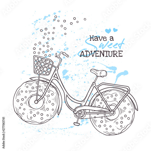 Vector sketching illustrations. Bicycle with donuts instead of wheels.