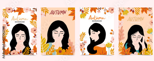 Collection of autumn background set with woman,leaves,flower.Vector illustration for invitation,postcard and sticker.Editable element