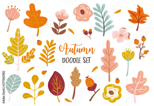 Autumn set with maple,leave,flower illustration for sticker,postcad,birthday invitation