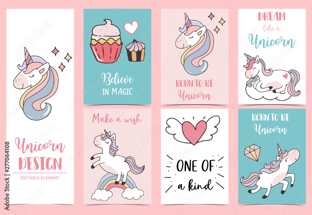 Collection of unicorn background set with cupcake,unicorn,diamond.Vector illustration for birthday invitation,postcard and sticker.Editable element Collection of unicorn background set with cupcake,unicorn,diamond.Vector illustration for birthday invitation,postcard and sticker.Editable element