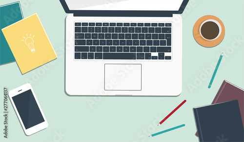 Top view of modern workplace. Green table, office supplies, laptop, books, notebook, phone. Flat illustration