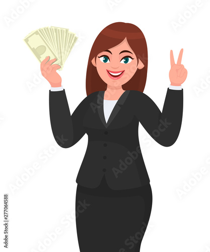 Business woman showing, holding bunch of money, cash, dollar, currency, banknotes in hand and gesturing, making victory, V, peace or two sign with hand fingers. Modern lifestyle concept in cartoon.