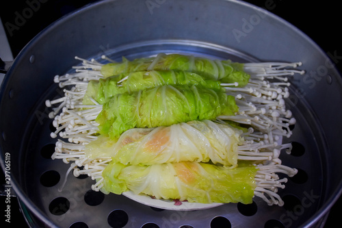 Healthy Food Minced chicken roll in steamed cabbage
