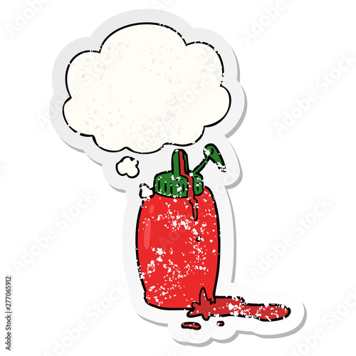 cartoon ketchup bottle and thought bubble as a distressed worn sticker