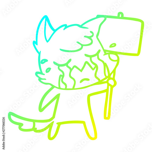 cold gradient line drawing crying fox cartoon with placard
