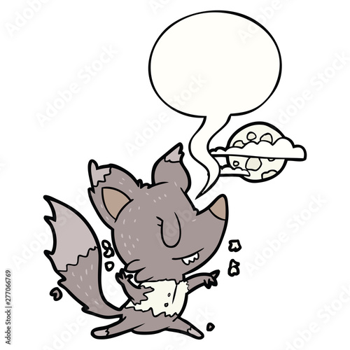 cartoon halloween werewolf changing in moonlight and speech bubble