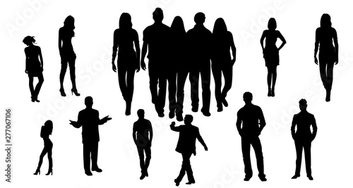 Silhouettes of men and women on white background