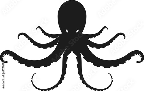 Flat octopus silhouette isolated in black and white. Symmetrical.