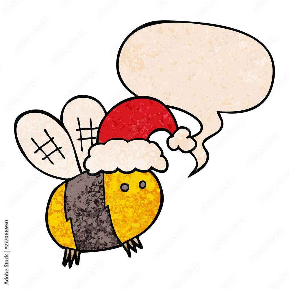 cute cartoon bee wearing christmas hat and speech bubble in retro texture style cute cartoon bee wearing christmas hat and speech bubble in retro texture style